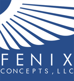 A blue and white logo of fenix concepts, llc.
